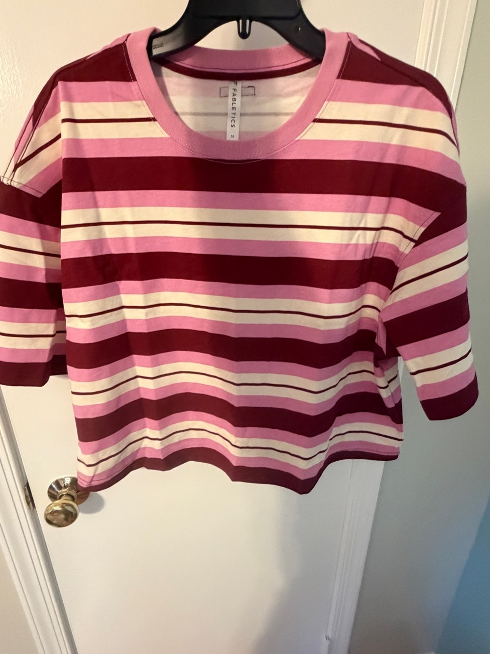 Fabletics Pink & Burgundy Striped Crop Tee